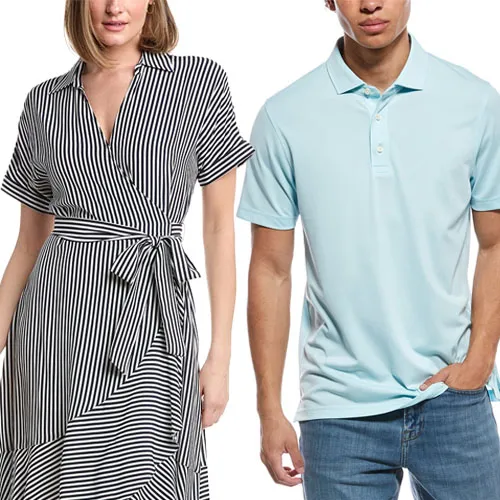 A striped wrap dress and a light blue polo shirt are displayed, each worn by a model.