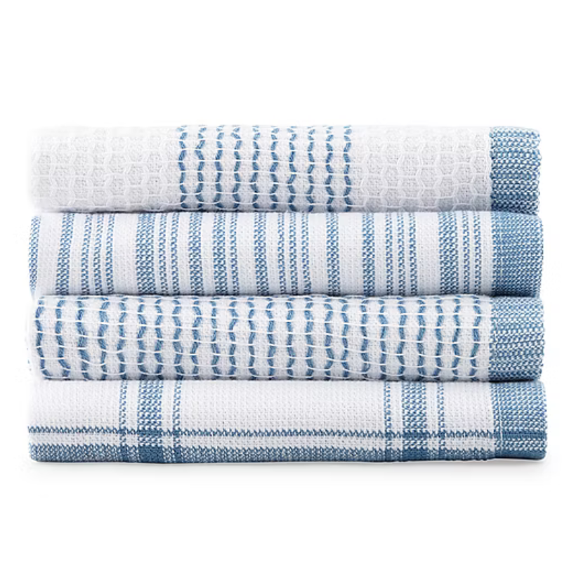 A stack of four blue and white kitchen towels with different woven patterns, including stripes and checks.