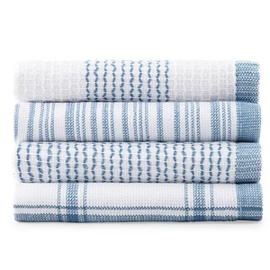 A stack of four blue and white kitchen towels with different woven patterns, including stripes and checks.
