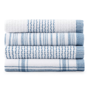 A stack of four blue and white kitchen towels with different woven patterns, including stripes and checks.