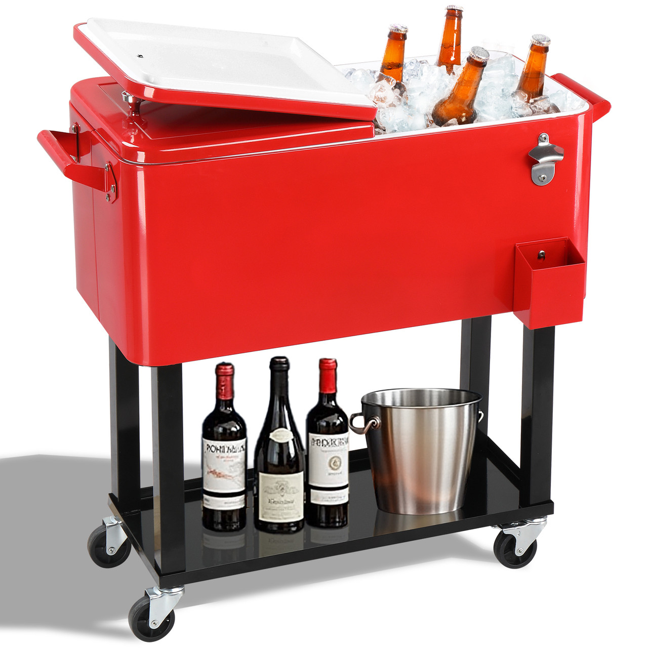 A red rolling cooler cart with a bottle opener, ice compartment holding bottles, a lower shelf with wine bottles, and a stainless steel ice bucket.
