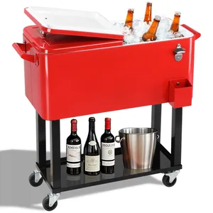 A red rolling cooler cart with a bottle opener, ice compartment holding bottles, a lower shelf with wine bottles, and a stainless steel ice bucket.