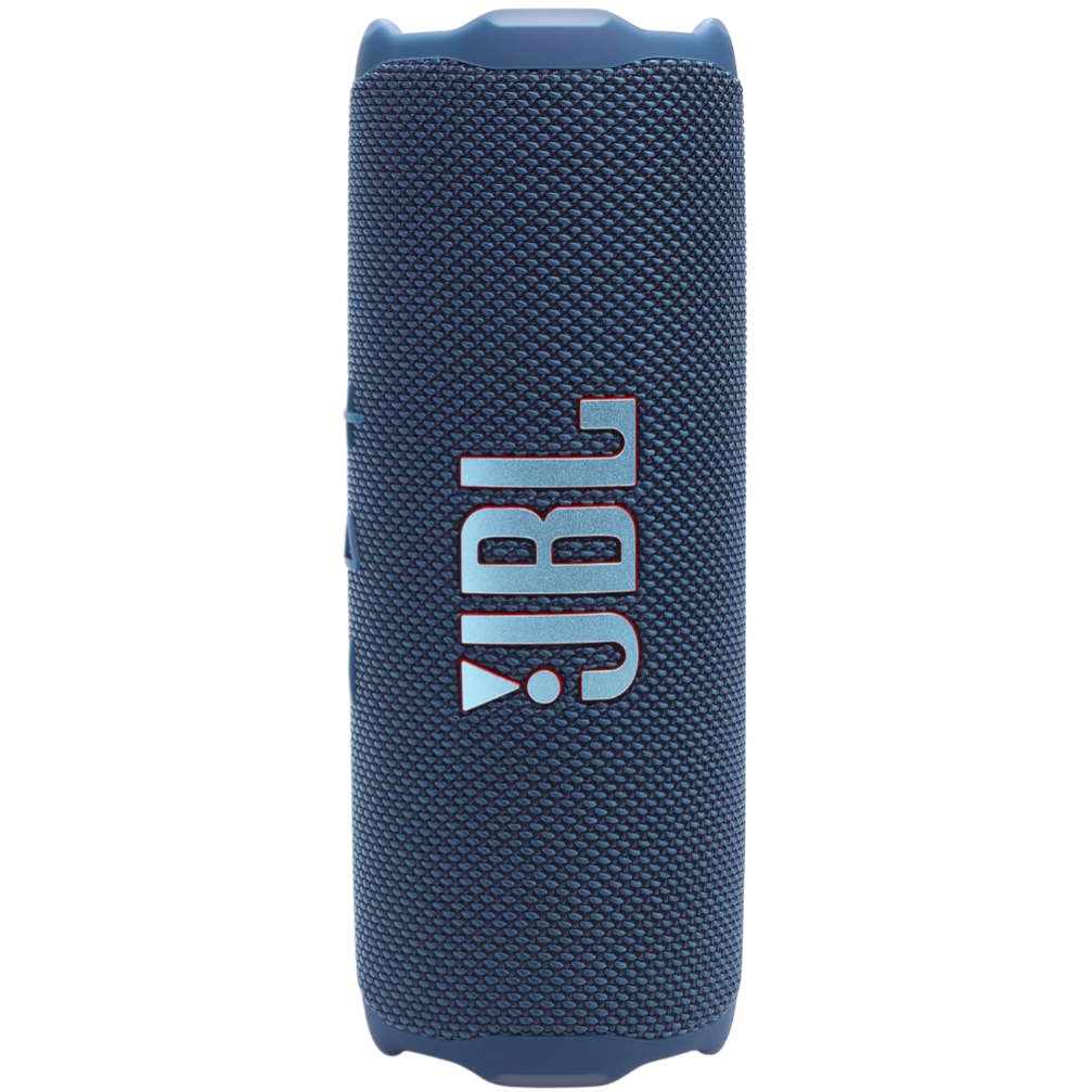 A blue JBL portable Bluetooth speaker with a textured fabric exterior and prominent JBL logo in white.