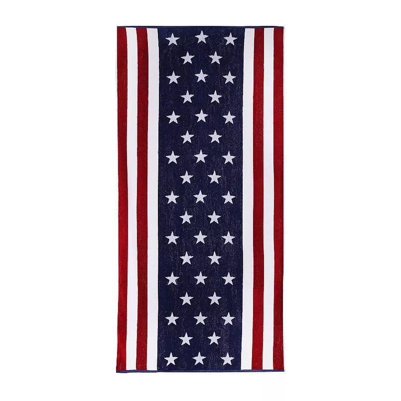 A rectangular towel featuring a pattern of vertical red, white, and blue stripes with white stars on a blue background. The design resembles elements of the American flag.