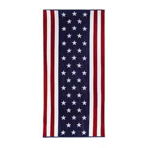 A rectangular towel featuring a pattern of vertical red, white, and blue stripes with white stars on a blue background. The design resembles elements of the American flag.