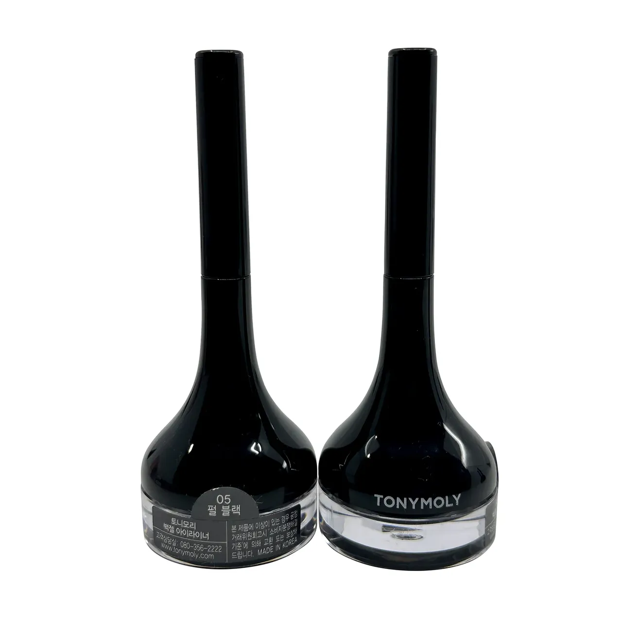 Two black containers of TonyMoly gel eyeliner, each with a long handle and a round base labeled in Korean, indicate \“05 Pearl Black.\“