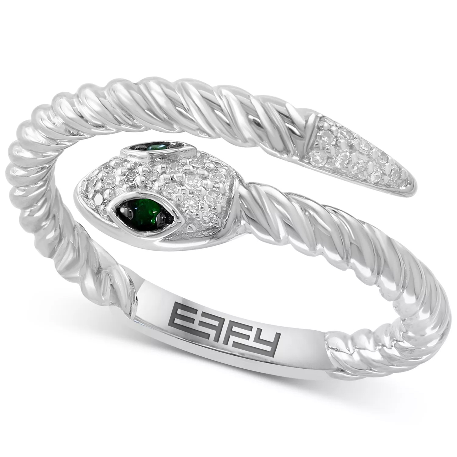 A silver snake-inspired cuff bracelet with a twisted design features green gemstone eyes and a textured surface with small clear stones. The brand name \“EFFY\“ is engraved on the inside.
