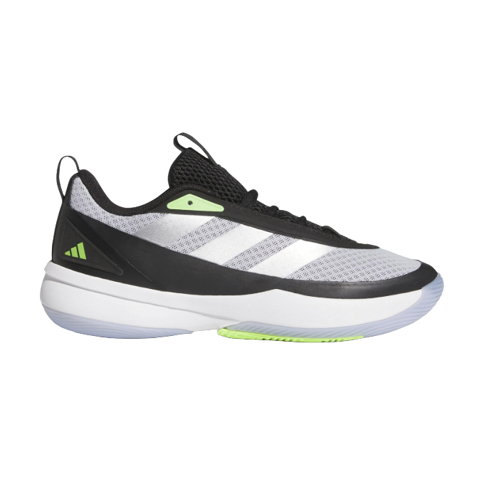 A black and white Adidas sneaker with lime green accents, featuring a mesh upper, three white stripes, and a cushioned sole designed for comfort and performance.