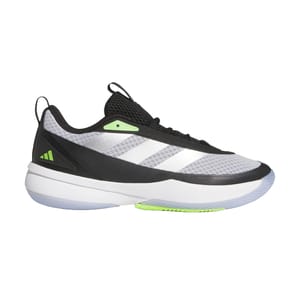 A black and white Adidas sneaker with lime green accents, featuring a mesh upper, three white stripes, and a cushioned sole designed for comfort and performance.