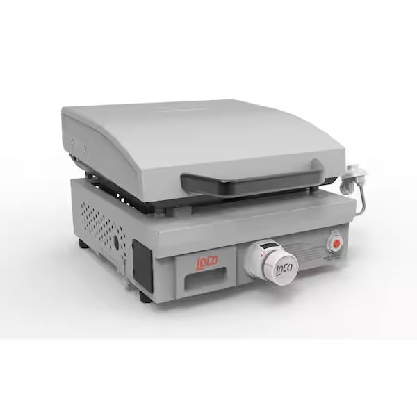 A commercial panini press with adjustable temperature controls and a hinged top plate.