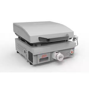 A commercial panini press with adjustable temperature controls and a hinged top plate.