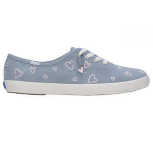 Light blue canvas sneaker with white laces, featuring pink and white heart designs and a small pink heart charm.