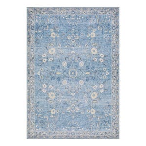 A light blue area rug with a floral and geometric pattern, featuring intricate designs and a decorative border.