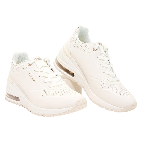 Skechers Wedge Sneakers are white athletic shoes featuring a perforated design with lace-up closure and visible air cushioning in the heels. They provide a modern and stylish look with a comfortable elevated sole.