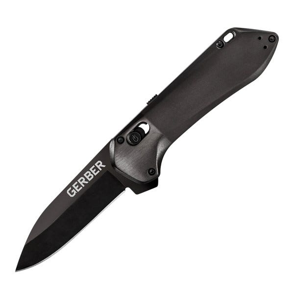 A Gerber folding knife with a sleek black handle and a blade featuring the Gerber logo. The design includes a thumb stud for easy opening.
