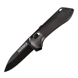 A Gerber folding knife with a sleek black handle and a blade featuring the Gerber logo. The design includes a thumb stud for easy opening.