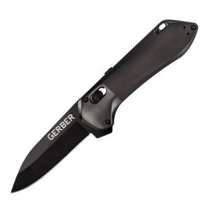 A Gerber folding knife with a sleek black handle and a blade featuring the Gerber logo. The design includes a thumb stud for easy opening.