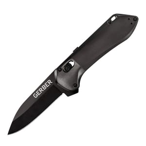 A Gerber folding knife with a sleek black handle and a blade featuring the Gerber logo. The design includes a thumb stud for easy opening.