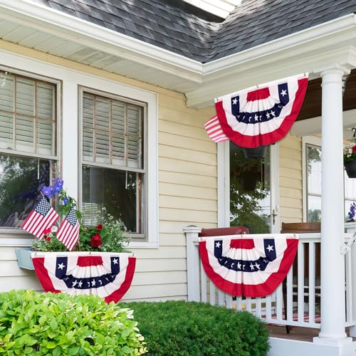 Red, white, and blue bunting with stars hanging on a house's porch railings and window, evoking a patriotic theme.
