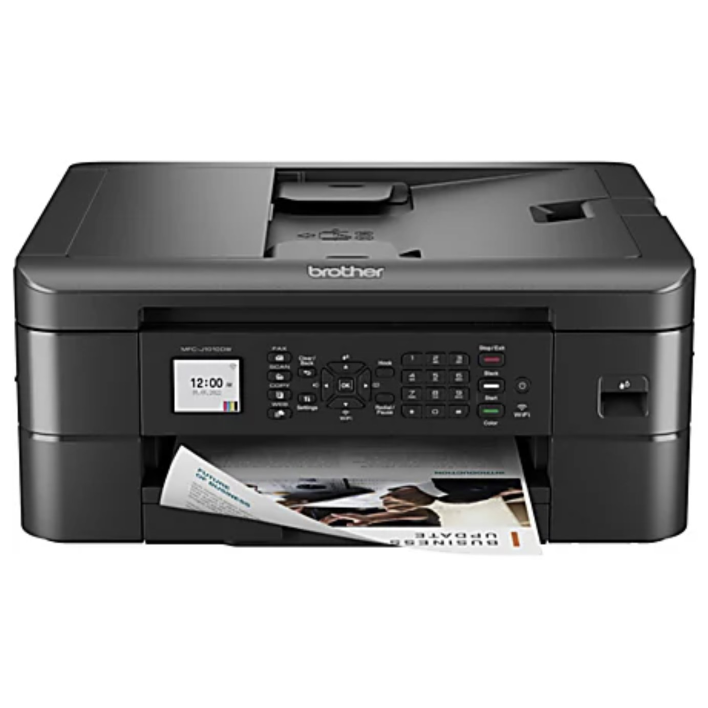 Brother MFC-J1010DW multifunction printer with printing, scanning, copying, and faxing capabilities, featuring a digital display and control panel.
