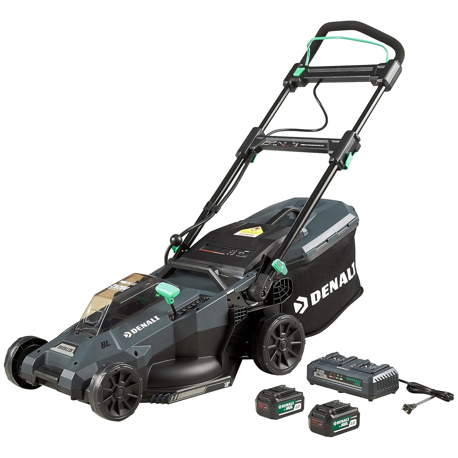Denali Electric Lawn Mower Kit includes a cordless push mower with a 18\“ deck, two rechargeable batteries, a charger, and a grass collection bag.