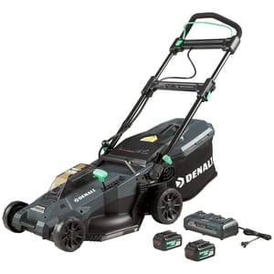 Denali Electric Lawn Mower Kit includes a cordless push mower with a 18\“ deck, two rechargeable batteries, a charger, and a grass collection bag.