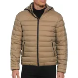 Tan puffer jacket with a hood, featuring horizontal quilted stitching, front zipper closure, and zippered side pockets.
