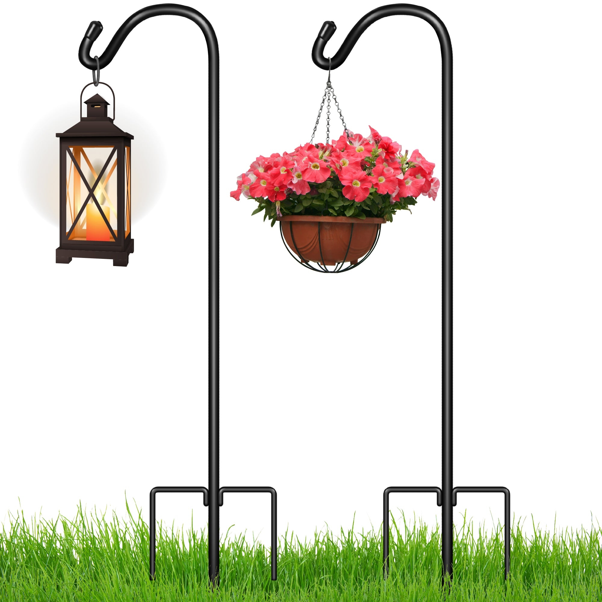 Two tall shepherd's hooks stand on grass, one supporting a lantern and the other a hanging flower basket.