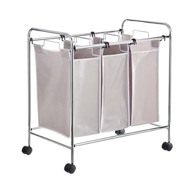 A laundry sorter with three fabric bags hanging on a metal frame, equipped with wheels for easy mobility.