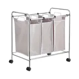 A laundry sorter with three fabric bags hanging on a metal frame, equipped with wheels for easy mobility.