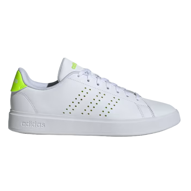 A white Adidas sneaker with perforated stripes and lime green accents on the heel and tongue.
