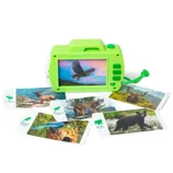 A green handheld viewer with animal image cards, displaying various wildlife such as a hawk, elk, mountain lion, blue jay, and black bear.