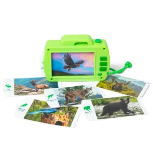 A green handheld viewer with animal image cards, displaying various wildlife such as a hawk, elk, mountain lion, blue jay, and black bear.