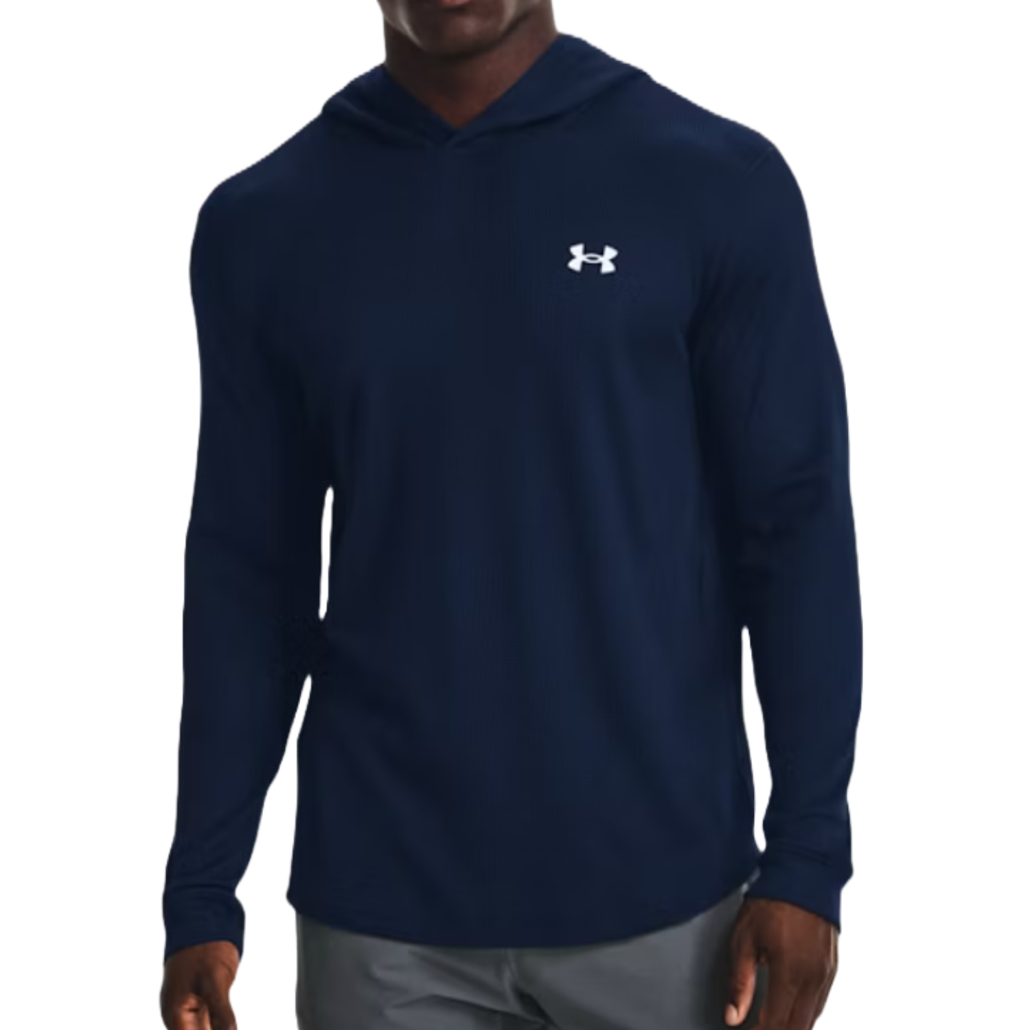 A navy long-sleeve Under Armour hoodie with a small logo on the chest, paired with light gray pants.