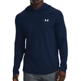 A navy long-sleeve Under Armour hoodie with a small logo on the chest, paired with light gray pants.