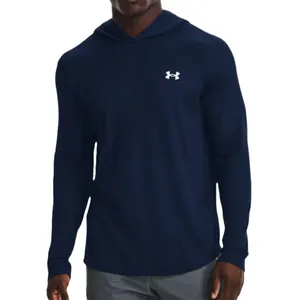 A navy long-sleeve Under Armour hoodie with a small logo on the chest, paired with light gray pants.