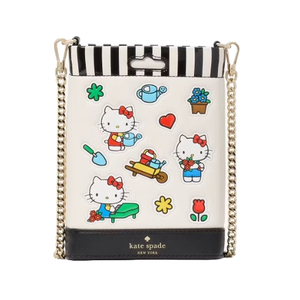 Kate Spade Hello Kitty Phone Crossbody features a playful Hello Kitty gardening theme with colorful stickers, a chain strap, and a black-and-white striped top.