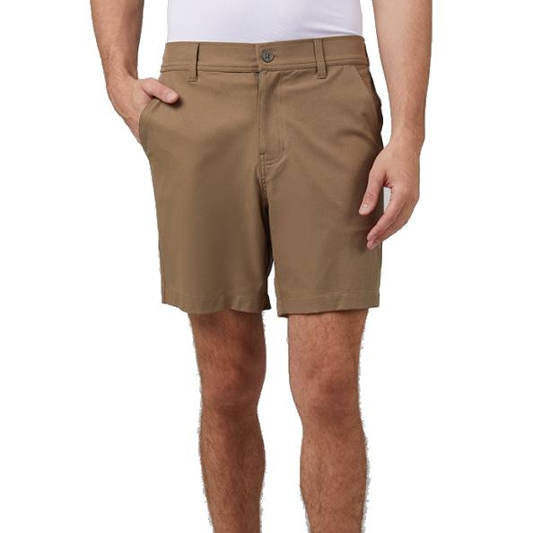 A person is wearing brown knee-length shorts with a button and zipper closure, belt loops, and side pockets.