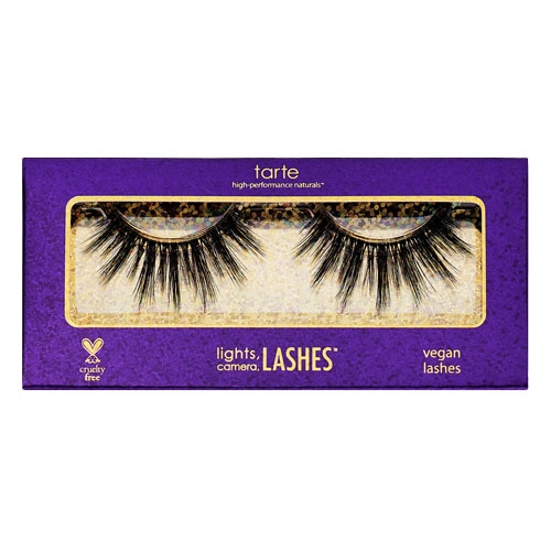 Tarte vegan lashes in a purple box labeled \“lights, camera, LASHES.\“ The packaging highlights that the lashes are cruelty-free and high-performance naturals.