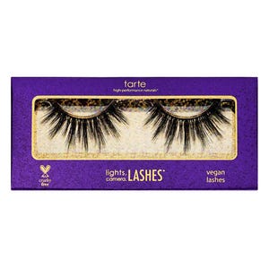 Tarte vegan lashes in a purple box labeled \“lights, camera, LASHES.\“ The packaging highlights that the lashes are cruelty-free and high-performance naturals.