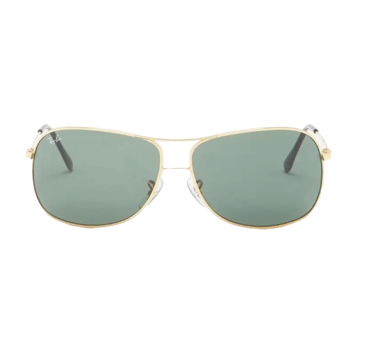 Aviator-style sunglasses with a gold frame and green lenses.