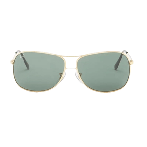 Aviator-style sunglasses with a gold frame and green lenses.