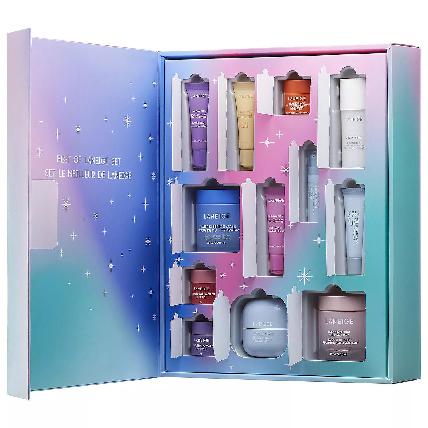 Laneige Advent Calendar includes various skincare products, such as sleeping masks, cream skin, lip masks, and moisturizing creams in travel sizes, packaged in an iridescent box with star designs.