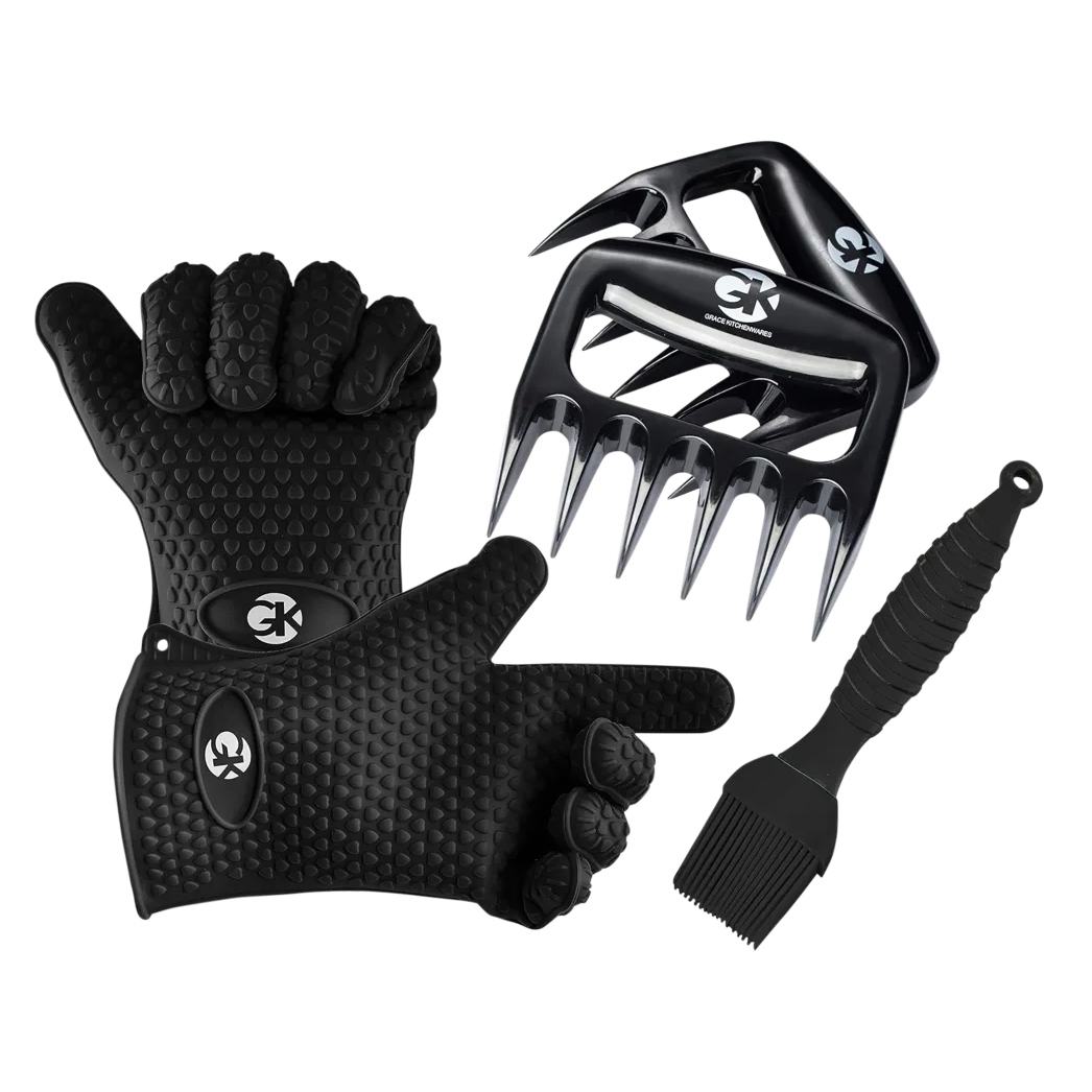 5-piece grill accessories set includes silicone heat-resistant grilling gloves, meat shredder claws for pulling pork or chicken, and a silicone basting brush, all in black.