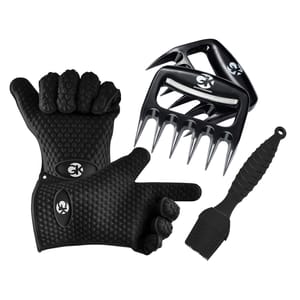 5-piece grill accessories set includes silicone heat-resistant grilling gloves, meat shredder claws for pulling pork or chicken, and a silicone basting brush, all in black.