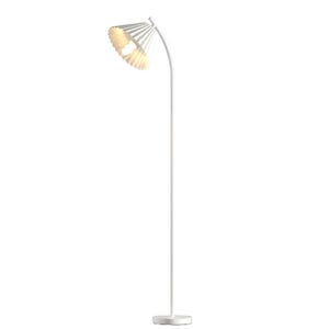 A modern floor lamp with a curved stand and a pleated conical shade directed downward. Its design is slender with a minimalist white finish.