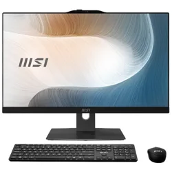A sleek all-in-one MSI desktop computer is displayed with a matching keyboard and mouse, featuring a modern and minimalistic design with a subtle swirl pattern on the screen.