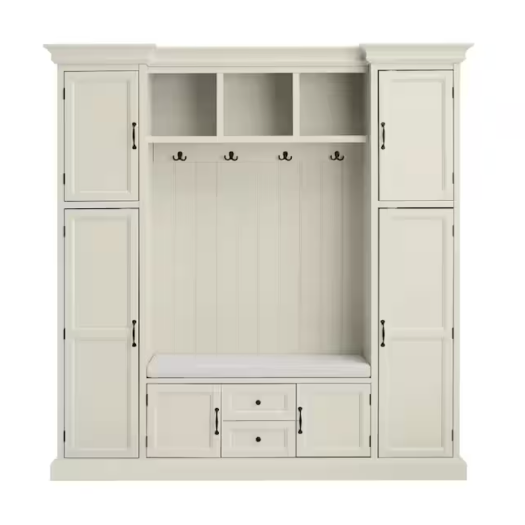 A white entryway furniture set with cabinets, a cushioned bench, storage cubbies, and coat hooks.