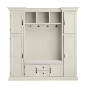 A white entryway furniture set with cabinets, a cushioned bench, storage cubbies, and coat hooks.