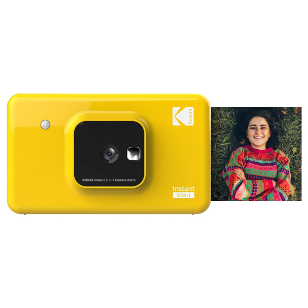 The Kodak Mini Shot 2 Camera is a yellow 2-in-1 instant camera and printer, featuring a retro design. It prints photos instantly, with a small photograph emerging from the side.
